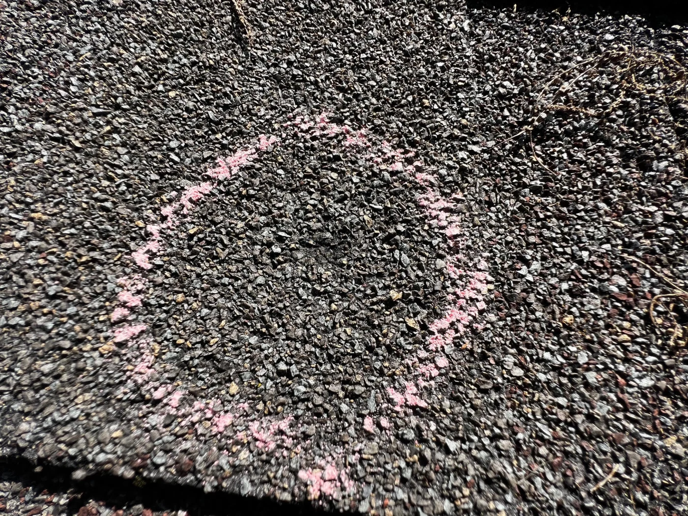 Hail damage on a roof circles with identifying chalk.