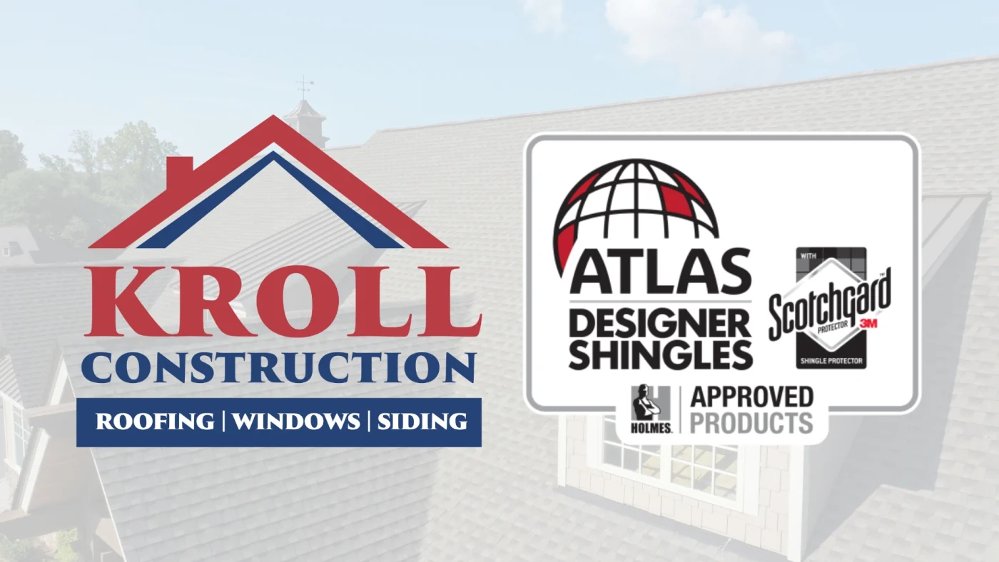 The Atlas and Scotchgard logos with the Kroll logo over a nice residential roof.