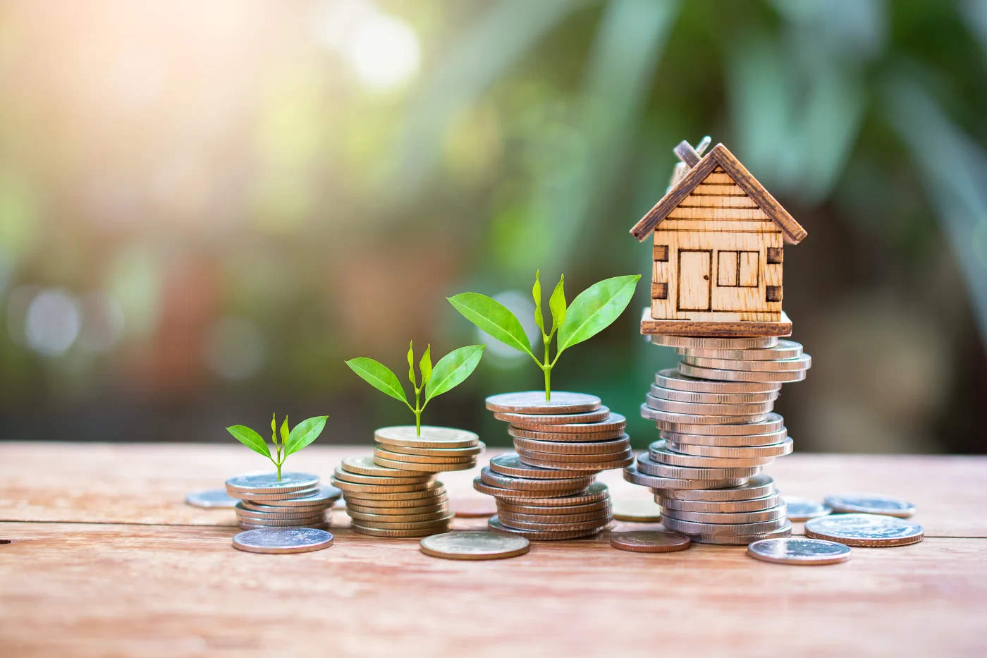 Coins with a sprout coming out of them and the last stack a house.