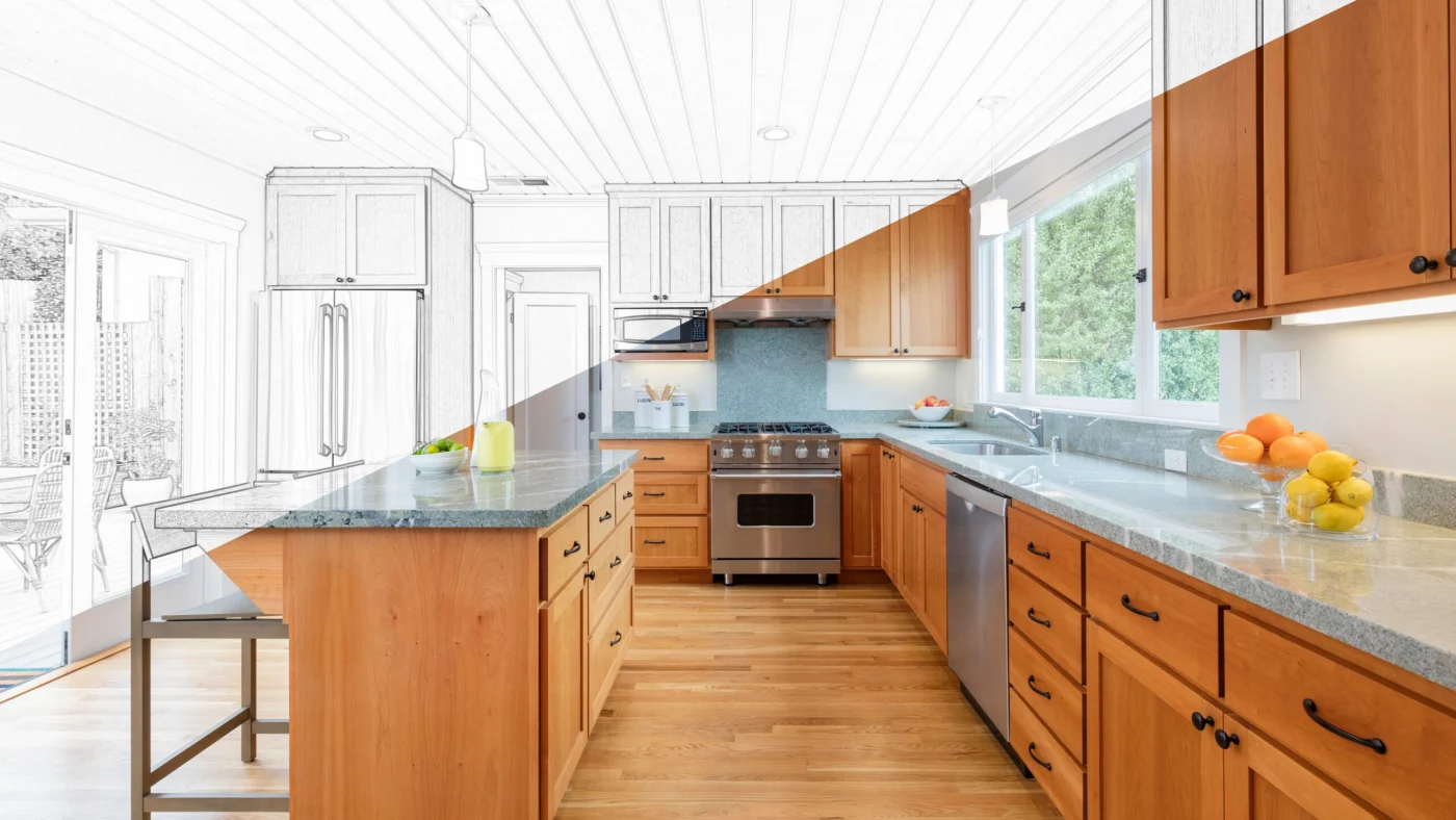 Split screen with kitchen
