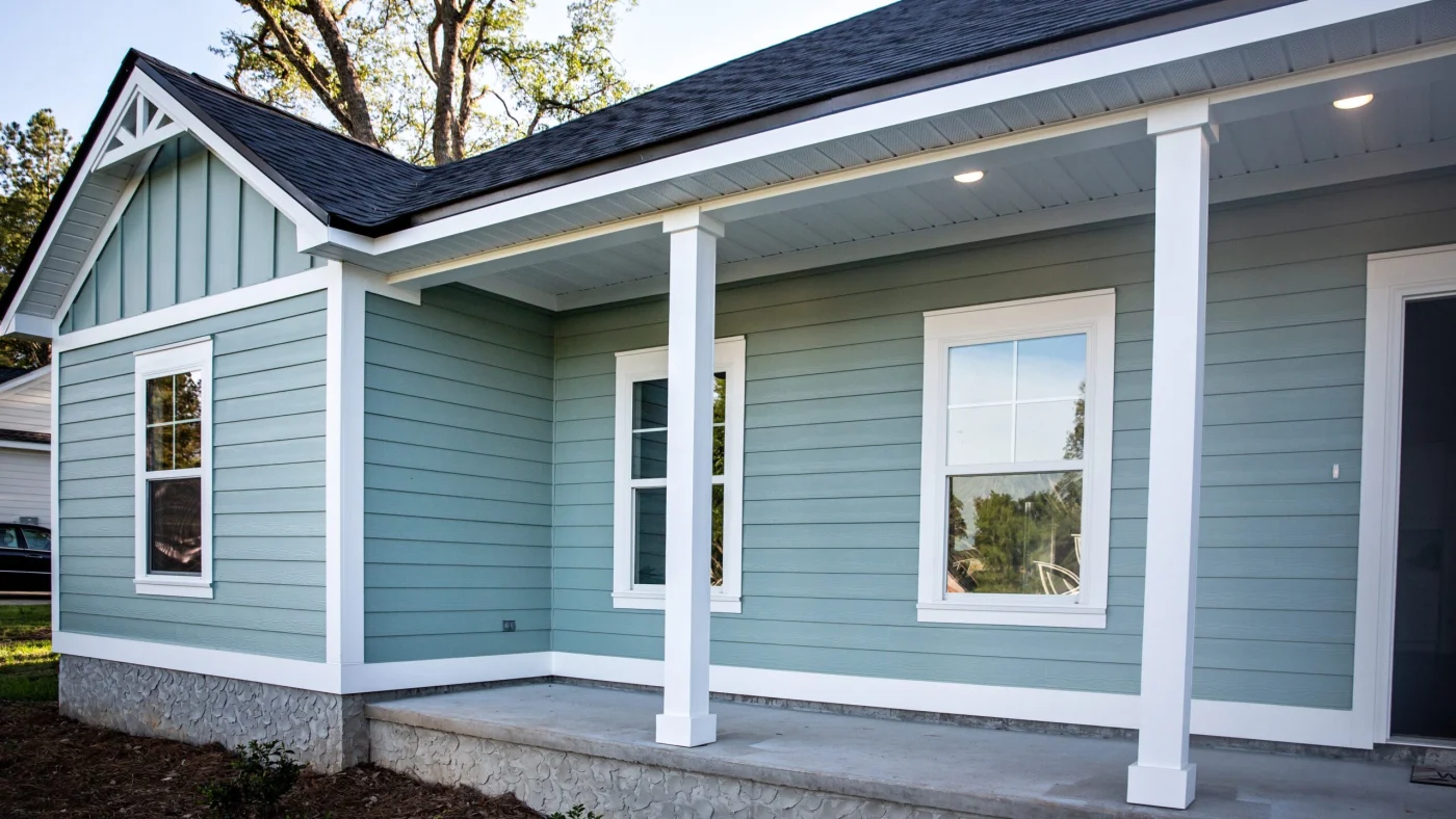 Single-family home with light blue siding and white trim