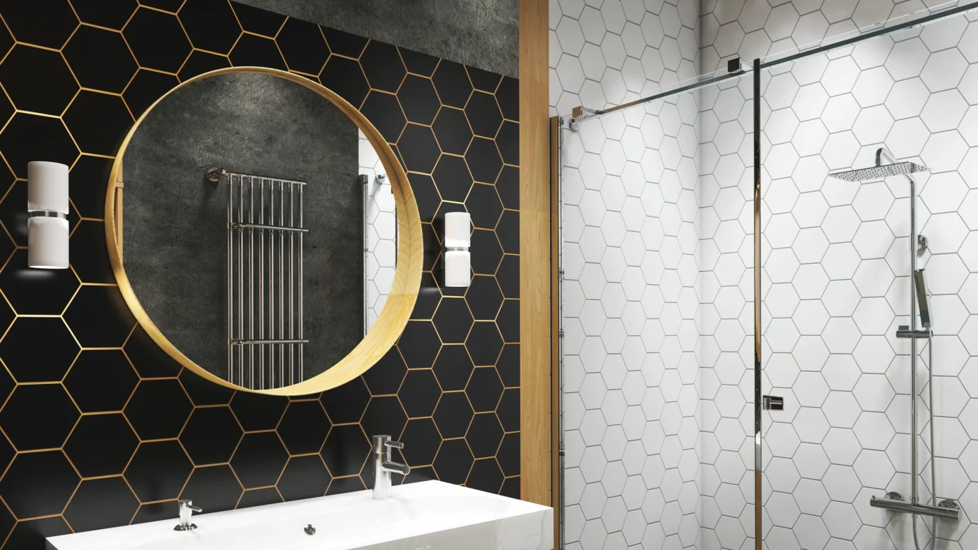 Modern bathroom with black and white hexagonal tiles and gold accents