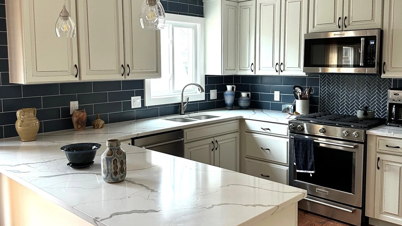 A newly remodeled kitchen with stainless steel appliances and white cabinets