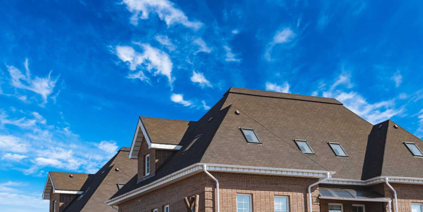 There is an up-close image of a roof with skylights