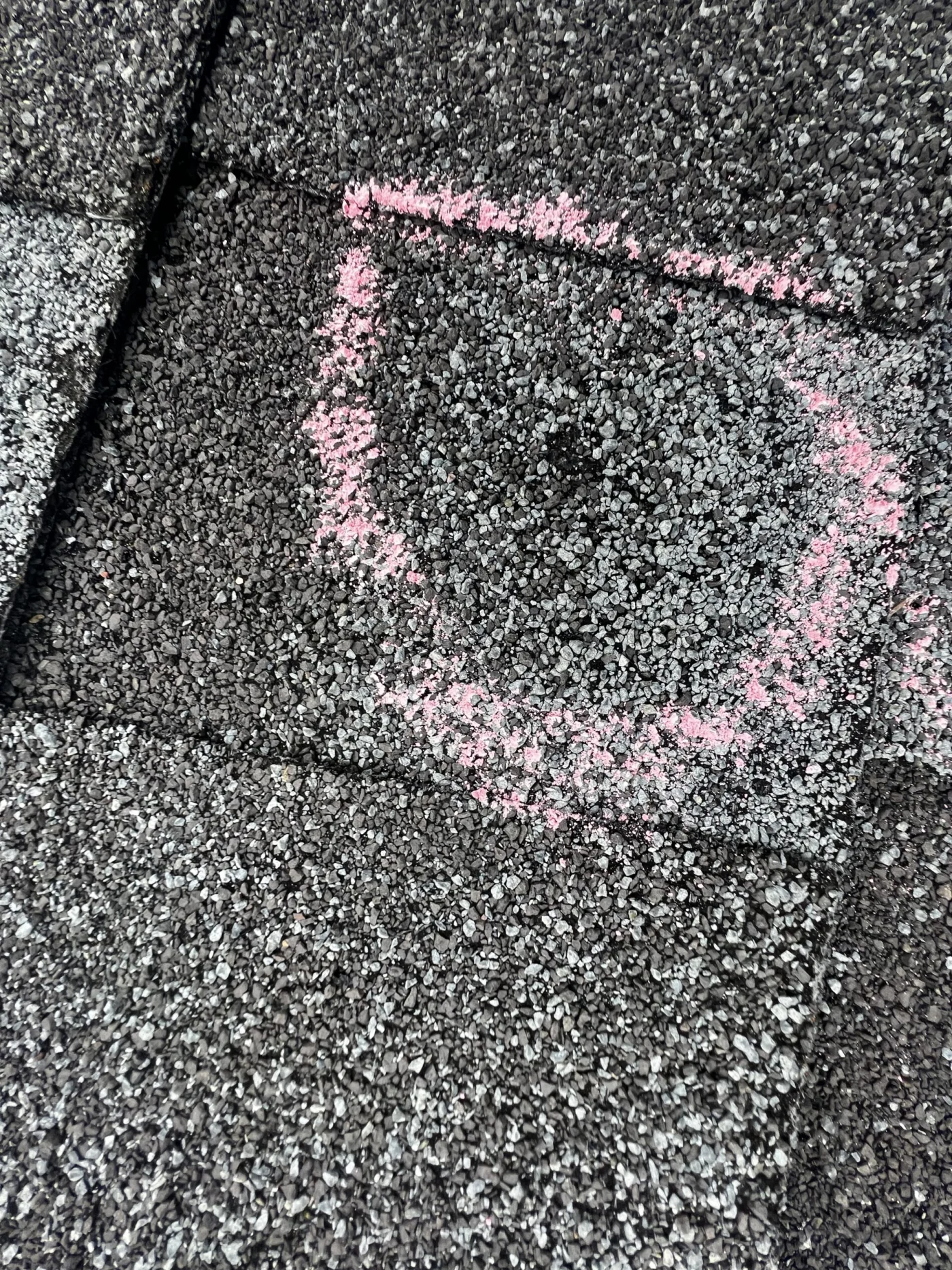 Roof with circled hail damage