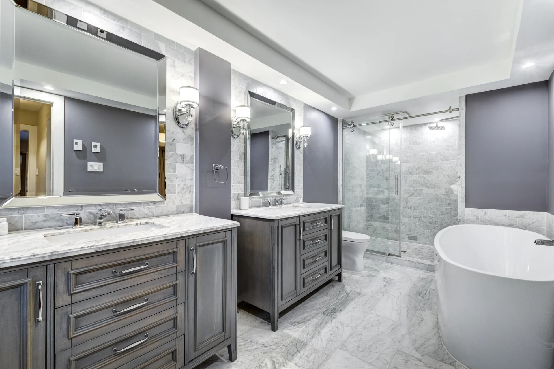 Beautiful Bathroom With Double Vanities And New Tub