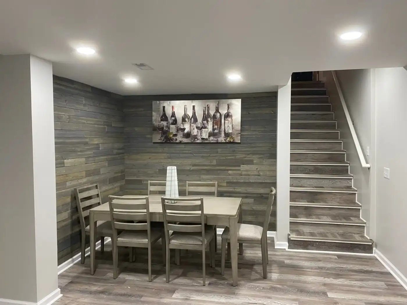 Basement dining area with dining table and chairs