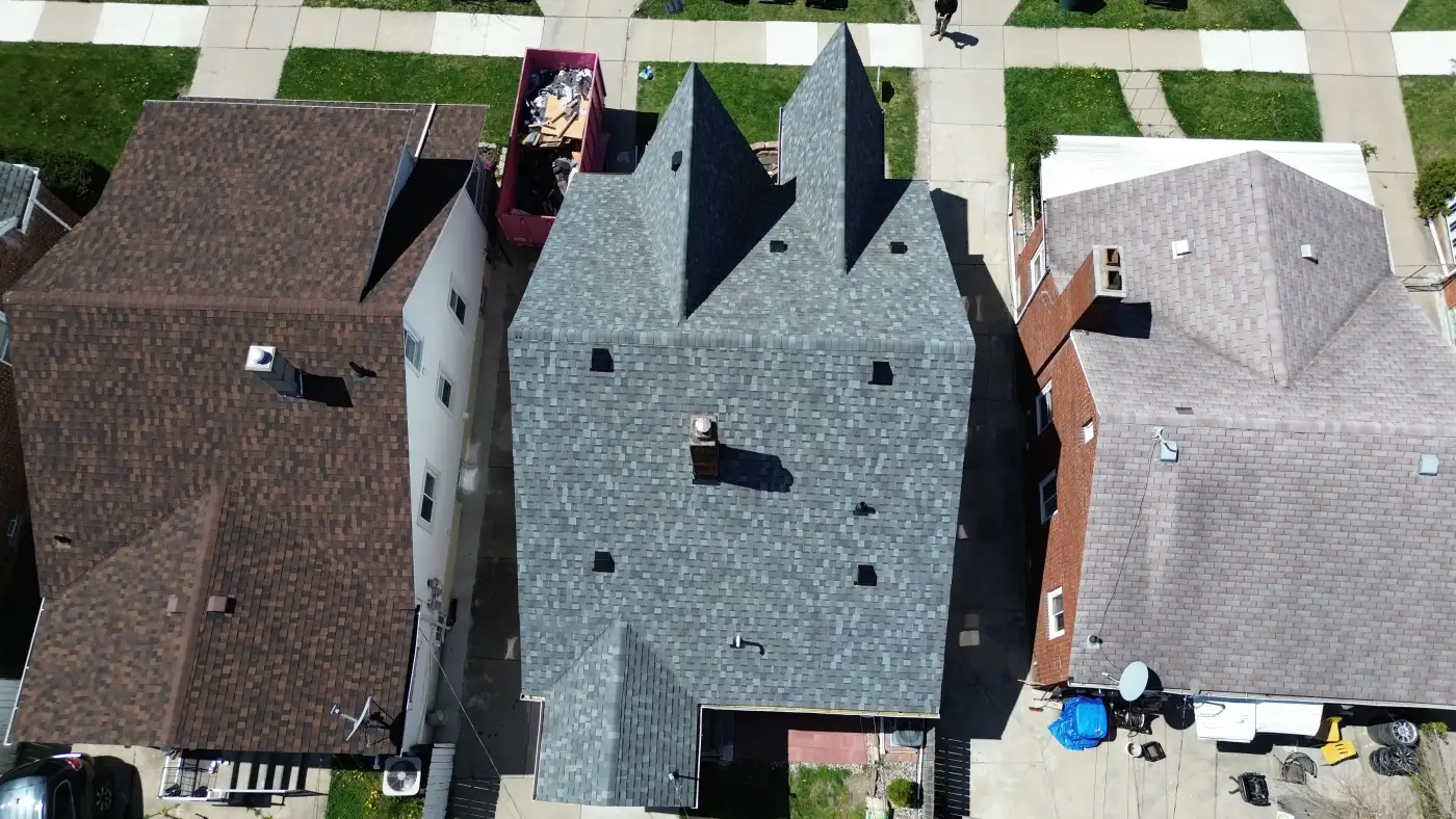 Aerial view of roof replacements on rental properties