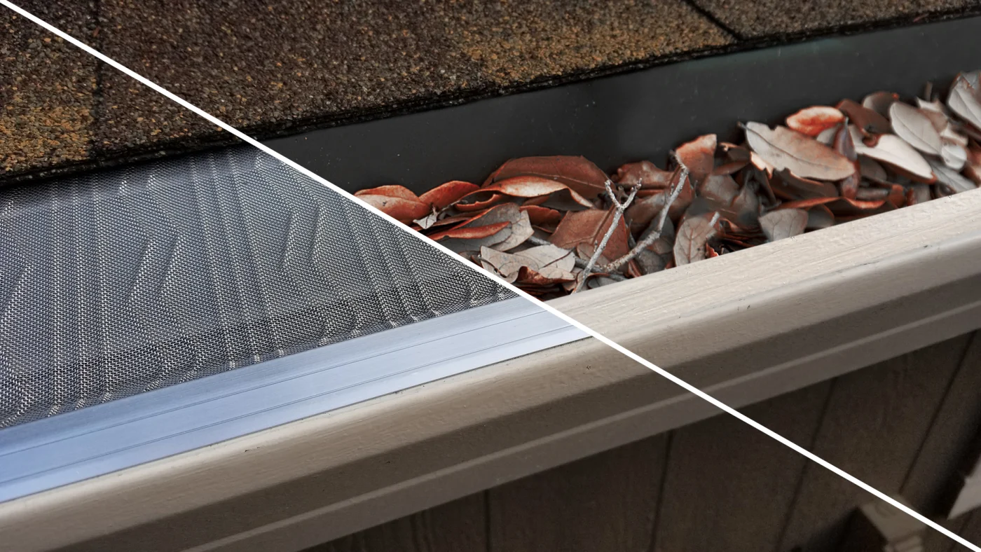 Split screen showing leaf guards over gutters