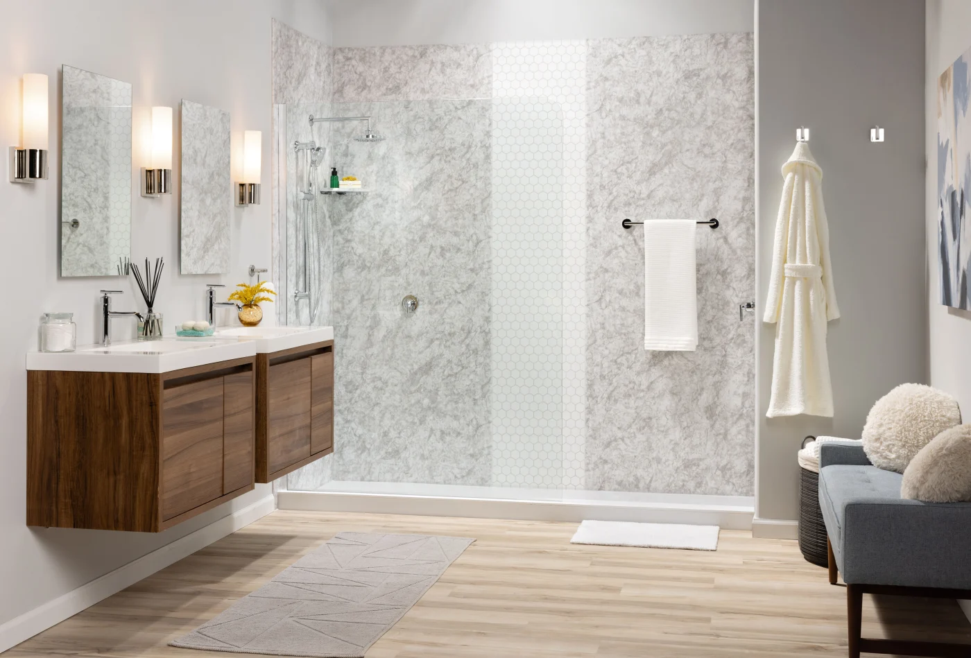 A bathroom with a recessed Luxury Bath walk-in shower
