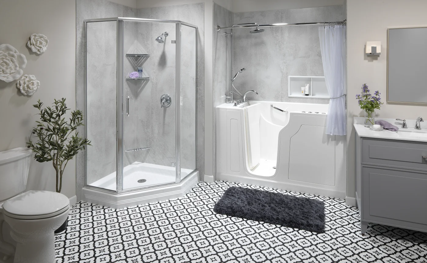 A bathroom with a corner shower and a walk-in bathtub