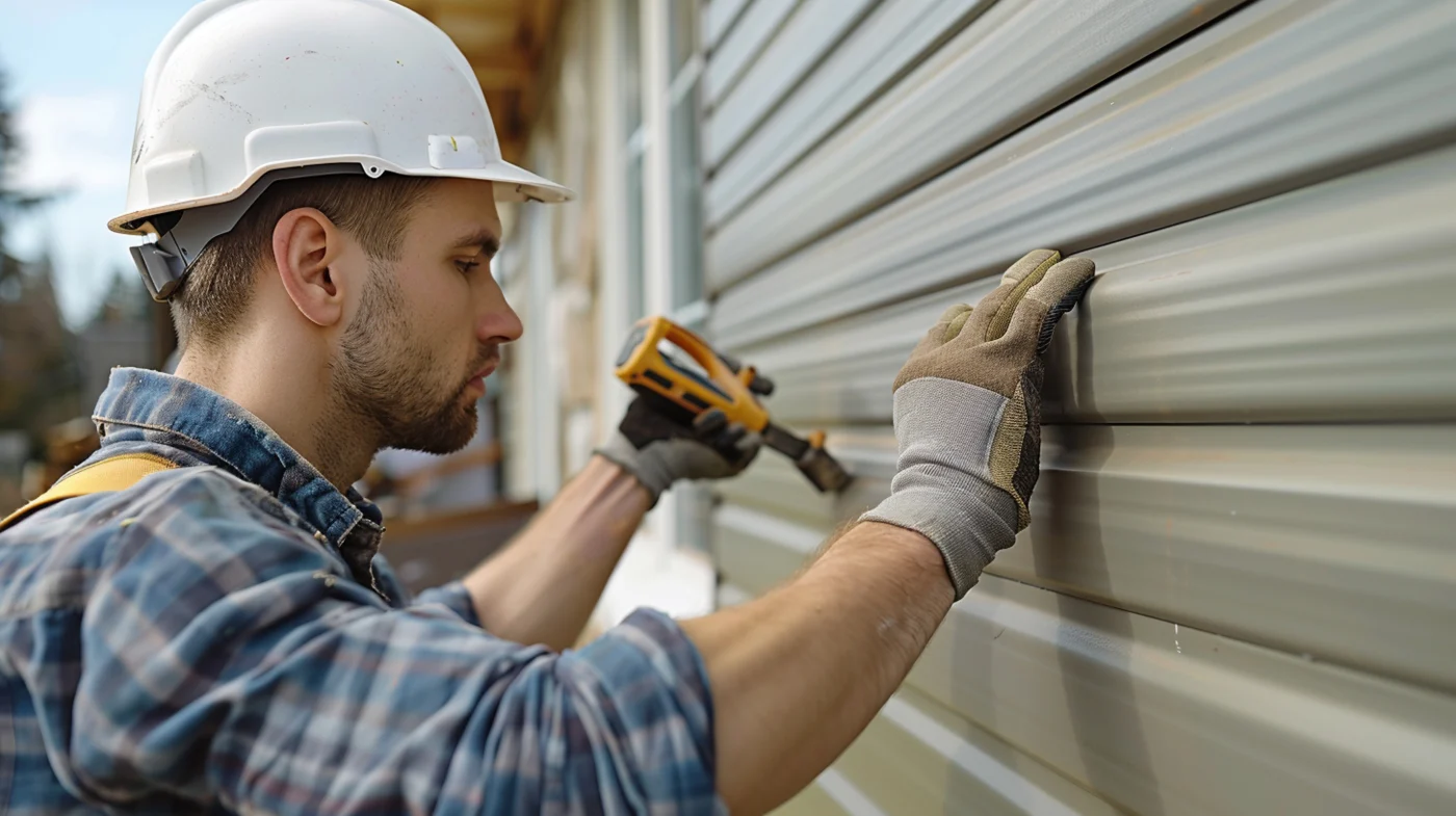A contractor making repairs to brown siding on the side of a house.