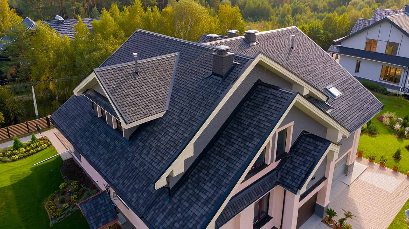 A new asphalt shingle roof on a gray and tan house.