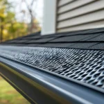 A close-up view of a black gutter guard over black gutters on an asphalt shingle roof.