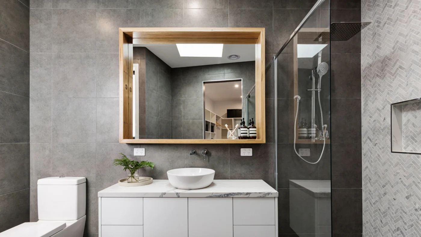 Modern bathroom featuring updated vanity and shower enclosure completed by Kroll Construction in Garden City, Michigan.