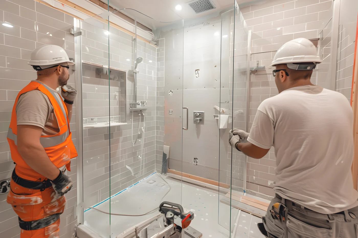 Two installers fit a modern glass shower enclosure in a Canton, MI bathroom with white wall tile, built-in niches and updated fixtures.