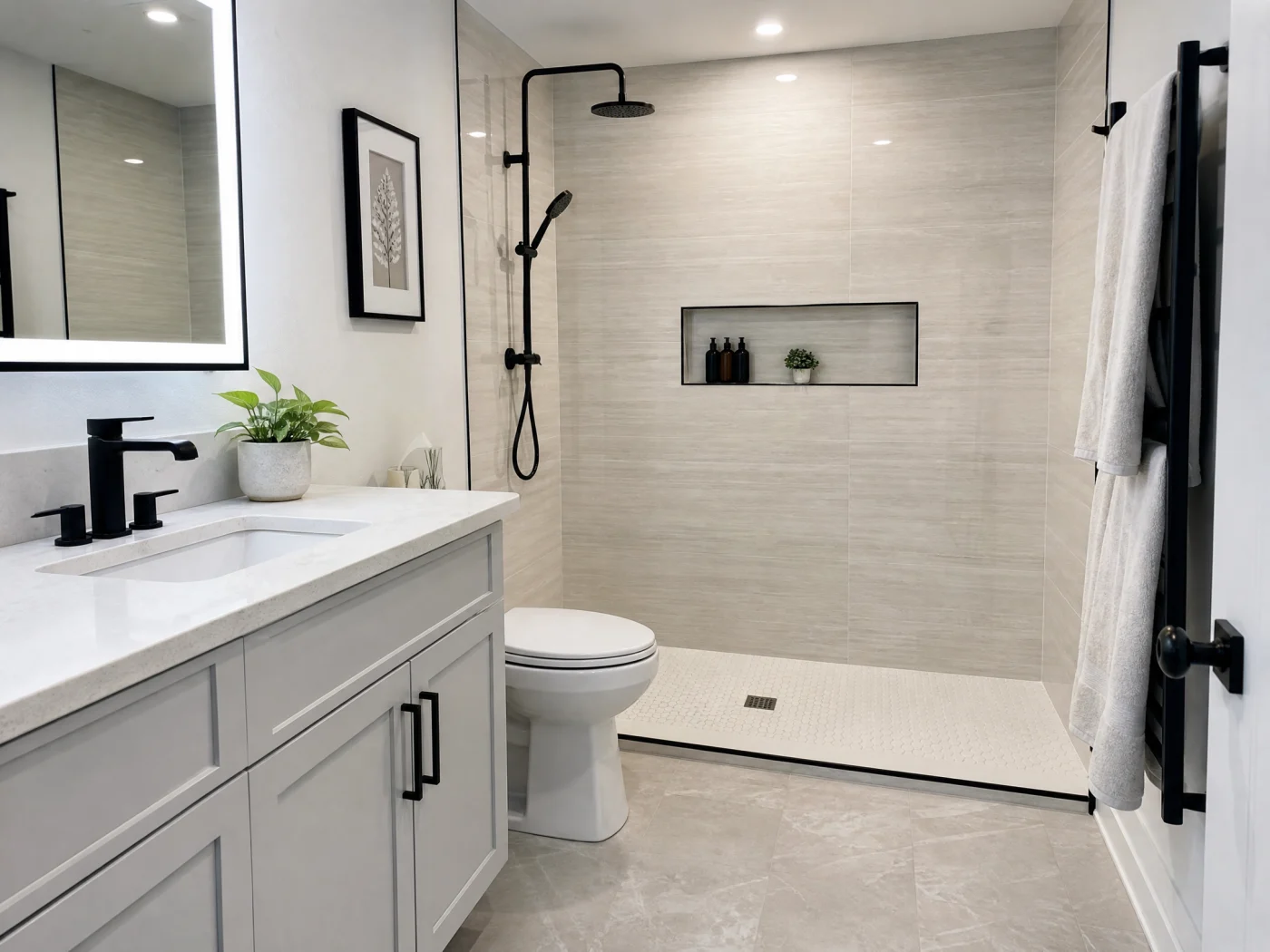 A clean, updated Farmington, MI bathroom with a new low-threshold walk-in shower and modern wall surround installed by Kroll Construction.