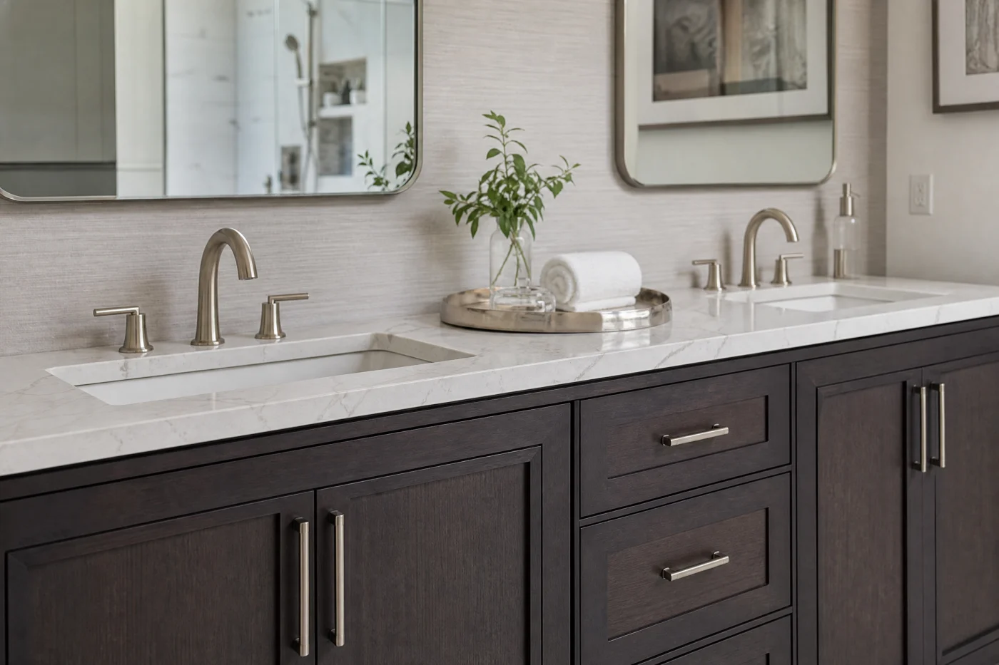 A close-up view of a new vanity installed in a remodeled bathroom.