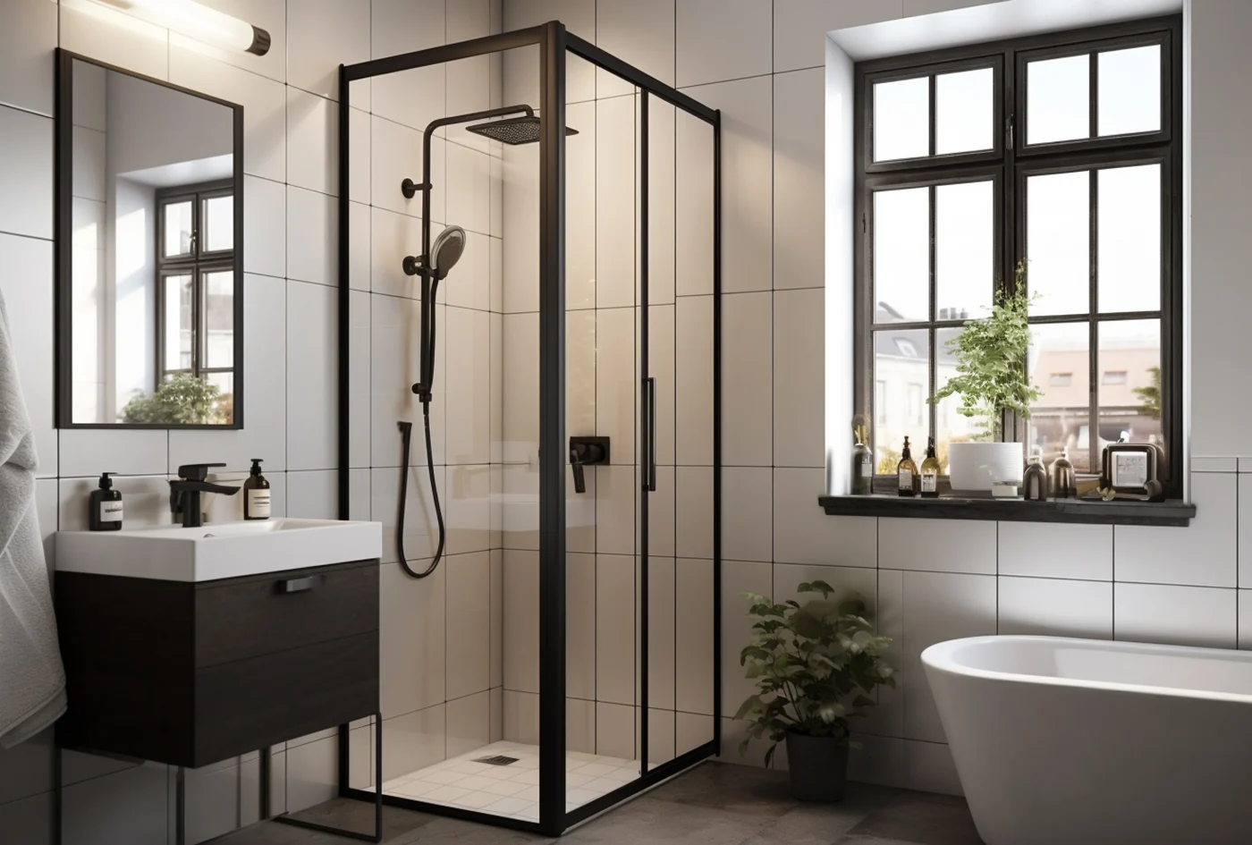 A small shower with black framed glass doors installed in a bathroom.