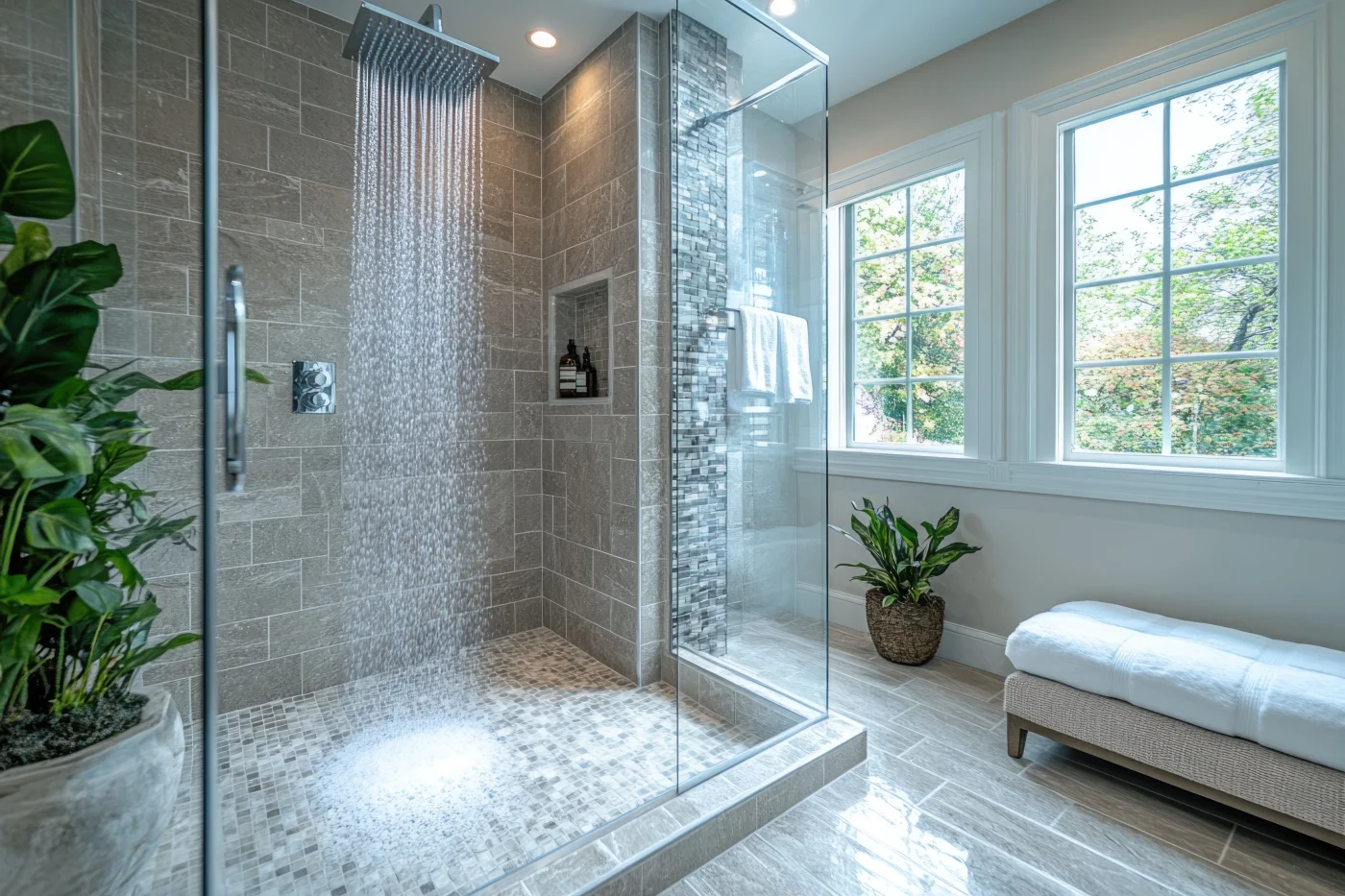 A custom shaped shower installed in a bathroom with a low-threshold entrance.