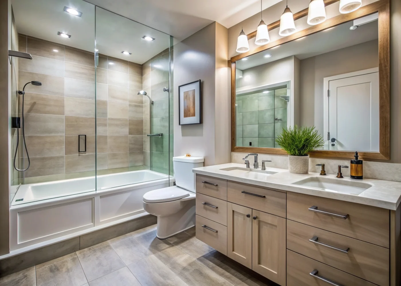 A unique shower/bath combo installed in a home with glass doors.