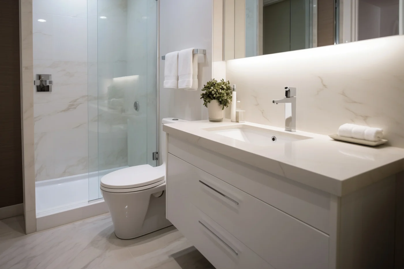 A newly installed white walk-in shower with a low threshold and clean wall panels, with a modern vanity.